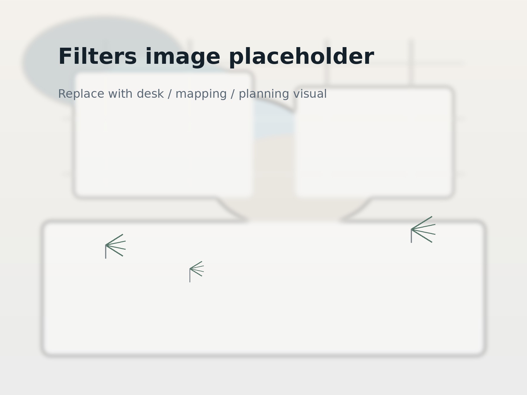 Minimalistisk bord med kart, notater og dataskjerm